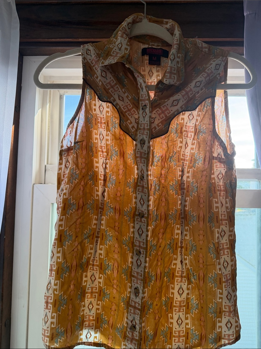 Sheer Yellow Aztec-Print Button-Front Camisole - Mudd